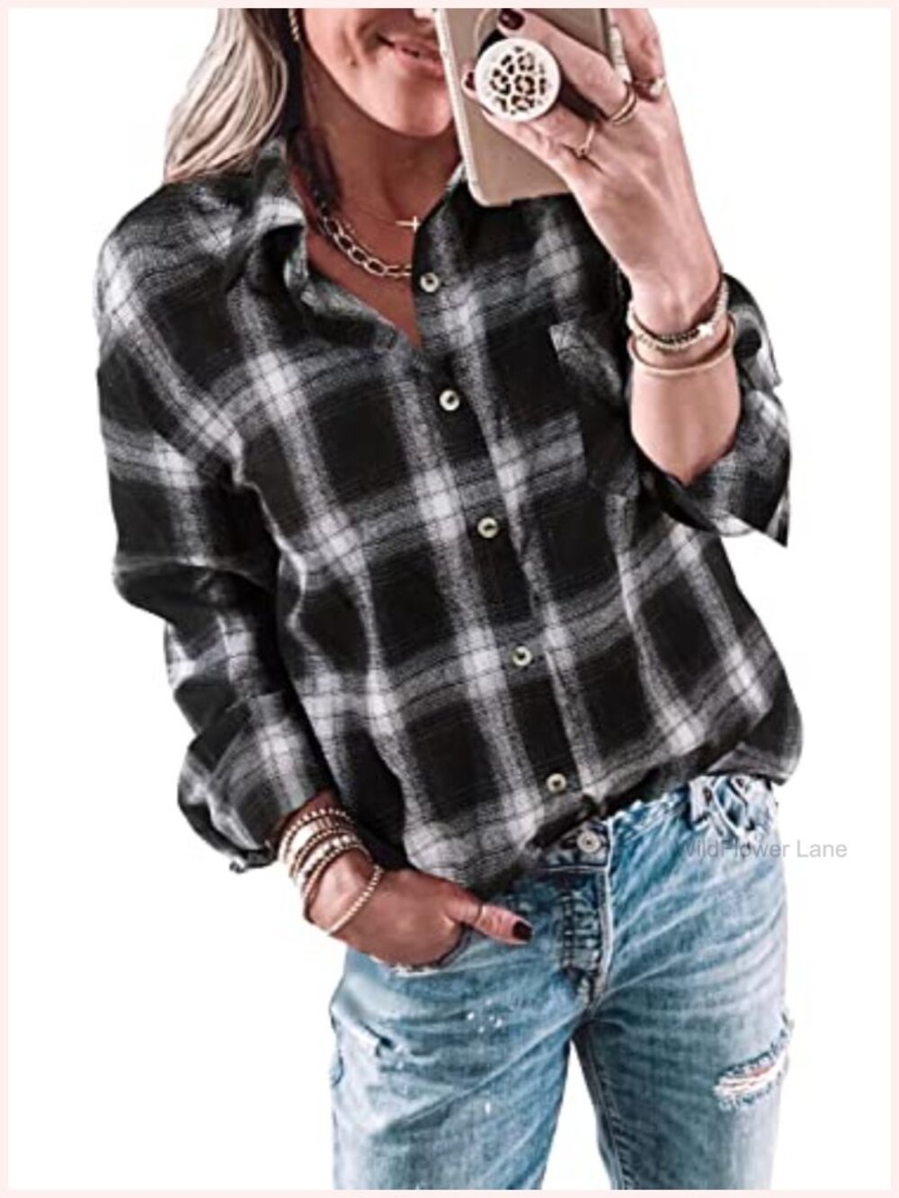 Wenrine Womens Long Sleeve Button Down Plaid Flannel Shirt Casual Blouse